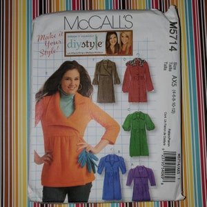 May include: McCall's sewing pattern M5714, size AX5 (4-6-8-10-12), for a coat with a variety of styles. The pattern includes instructions for a green, purple, blue, and red coat. The pattern is designed by Allyce King and Melissa Watson.
