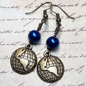 Globe Dangle Earrings with Blue Pearl