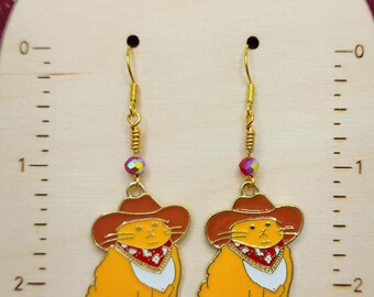 Cowboy Orange Tabby Cat Dangle Earrings with Red Faceted Glass Bead