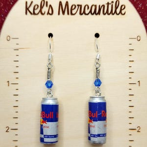 Energy Drink Dangle Earrings with Blue Faceted Crystal