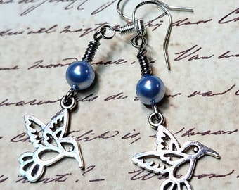 Hummingbird Dangle Earrings with Blue Pearl