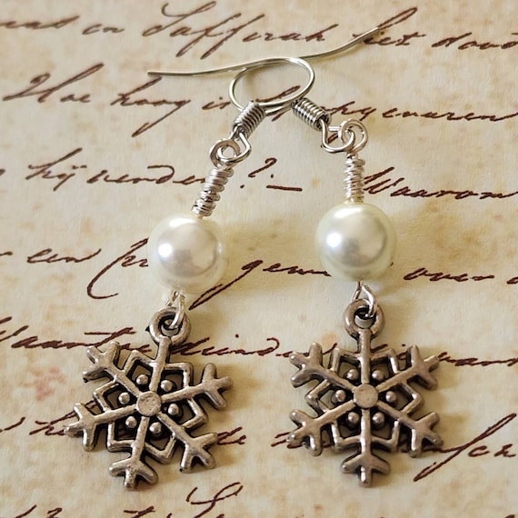 Snowflake Dangle Earrings With White Pearl Etsy Australia