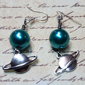 Planet Saturn Dangle Earrings with Blue Pearl