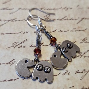 Pac-Man and Ghost Dangle Earrings with Red Faceted Glass Bead