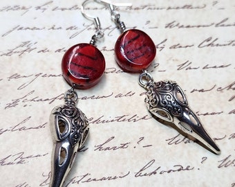 Raven Bird Skull Dangle Earrings with Red and Black Swirl Glass Bead