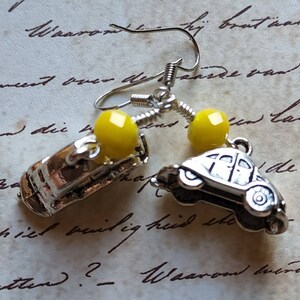 Beetle Bug Dangle Earrings with Yellow Faceted Bead