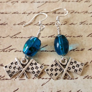 Checkered Flags Dangle Earrings with Blue and Black Swirl Glass Bead