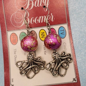 Octopus Dangle Earrings with Pink and Yellow Speckled Glass Bead