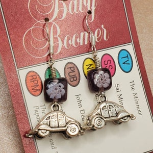 Beetle Bug Dangle Earrings with Purple Floral Glass Beads