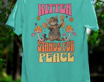 Camiseta unisex con estampado de gatitos de la paz, 100 % algodón y diseño de paz.