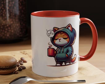 Sleepy Cat Mug for Your Daily Beverage, Accent Colors, Ceramic, 11 oz