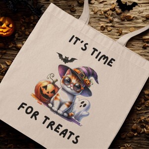 Halloween Cat Tote Bag: Spooky Season Cotton Canvas Trick or Treat Bag