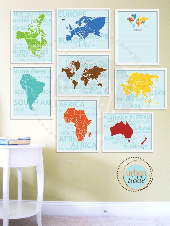 World Map Art for Nursery Travel List and Continents Set of Etsy