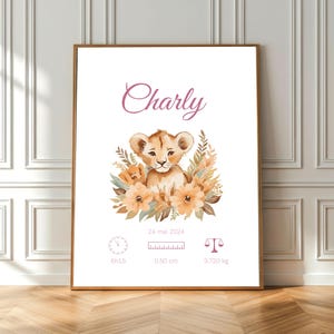 Póster de nacimiento de bebé personalizado – Nombre, fecha, peso, hora – Animal a elegir – Decoración habitación infantil A4 para imprimir