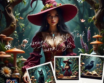 Burgundy Witch Junk Journal/Scrapbooking Set - Printable Backgrounds and Ephemera