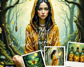 Enchanting Golden Forest Witch Junk Journal Kit - Printable Ephemera & Pages