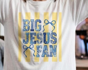 Christian shirts Big Jesus Fan faux patchwork, faith shirts, unisex streetwear, worship apparel, Christian Aesthetics, Religious gifts