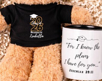 Caja de regalo de graduación cristiana con osito de peluche y taza, regalo personalizado para la promoción de 2026, recuerdo de graduación, regalo de graduación universitaria