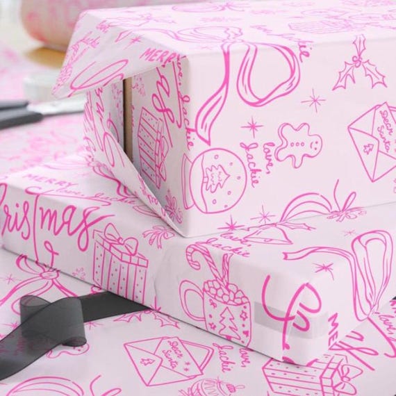 Christmas pink Gift Wrap paper for her, custom hand Drawn Doodle Wrapping Papers, Pink Xmas Gift Wrap, Holiday Wrapping Paper Sheets