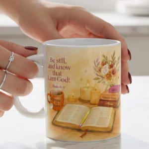 Kubek z wersetem biblijnym „Bądź spokojny i poznaj”, kubek do kawy z wersetem chrześcijańskim, prezent na studium Biblii dla mamy