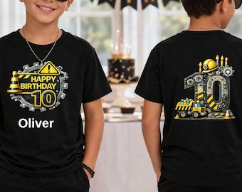 Camiseta de cumpleaños para niño con temática de construcción, nombre y edad personalizados, regalo ideal para fiestas infantiles.