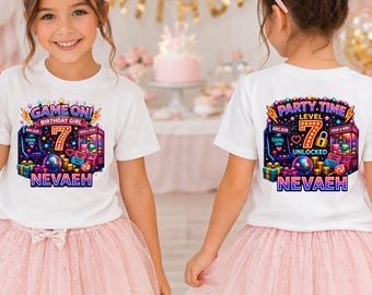 Personalized Arcade Birthday Girl Shirt, Custom Name Age, Front Back Gamer Party Tee