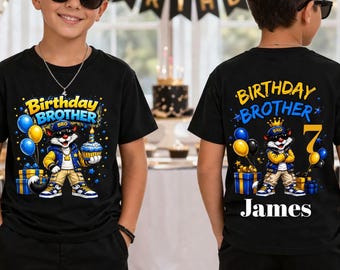 Personalized Birthday Brother Shirt Custom Name Age Hip Hop Cat Front Back Kids Tee