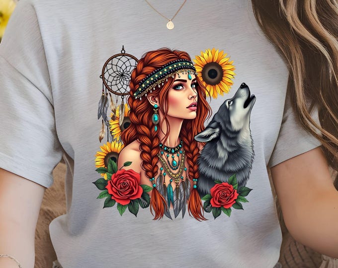 Featured listing image: Boho Native Woman Wolf Shirt  Dreamcatcher Sunflower Graphic Tee  Spirit Animal T-shirt  Mystic Nature Lover Top  Bohemian Style Tee