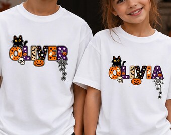 Custom Halloween Name Shirt, Black Cat Pumpkin Spiderweb Tee, Personalized Kids Adult T-Shirt