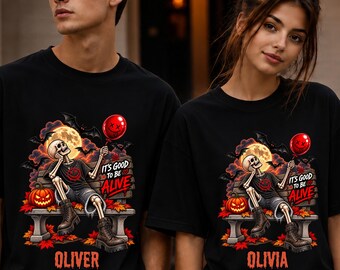 Personalized Skeleton Halloween Shirt, Custom Name Tee, Spooky Pumpkin, Matching Family