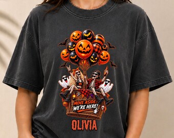 Halloween Balloon Skeleton Shirt, Personalized Name Tee, Spooky Couple, Pumpkin Party Graphic