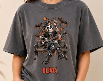 Personalized Punk Guitarist Shirt, Halloween Skeleton Tee, Custom Name, Alternative Music Gift