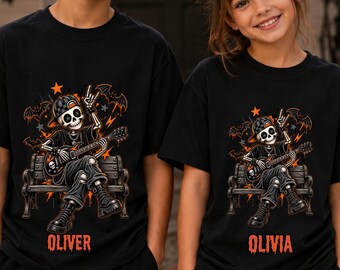 Personalized Halloween Shirt, Rock Skeleton Guitar Tee, Custom Name Kids, Spooky Music Gift