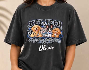 Comfort Colors Vet Tech Shirt, Personalized Veterinary Technician Tee, Custom Name, Animal Lover Gift