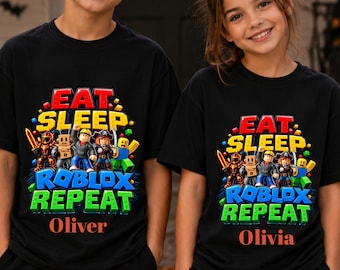 Personalized Roblox Shirt, Eat Sleep Repeat Gamer Tee, Custom Name Kids Birthday Gaming T-Shirt