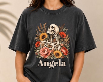Floral Skeleton Comfort Colors Shirt, Sunflower Gothic Tee, Personalized Name, Autumn Botanical Top