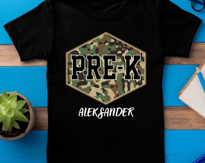 Featured listing image: Camo Back To School Shirt Custom Grade Level Tee  PreK to 4th Grade Personalized Shirt  Boy Girl First Day School Outfit Name Tee School Top