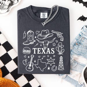 Texas Icons Graphic Tee: Comfort Colors Western Doodle Shirt