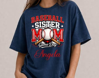 Camiseta de béisbol Comfort Colors para hermanas, regalo para mamá para el día del partido, conjunto familiar de softbol personalizado con nombre.