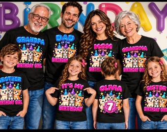 Cat Birthday Girl Shirt, Personalized Name Age Tee, Mom Dad Family Party T-Shirt