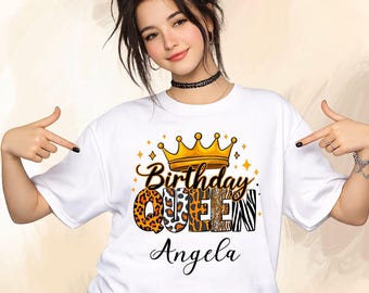 Camiseta de Reina de Cumpleaños, Nombre Personalizado, Conjunto Safari de Leopardo, Regalo Personalizado para Fiesta de Niñas