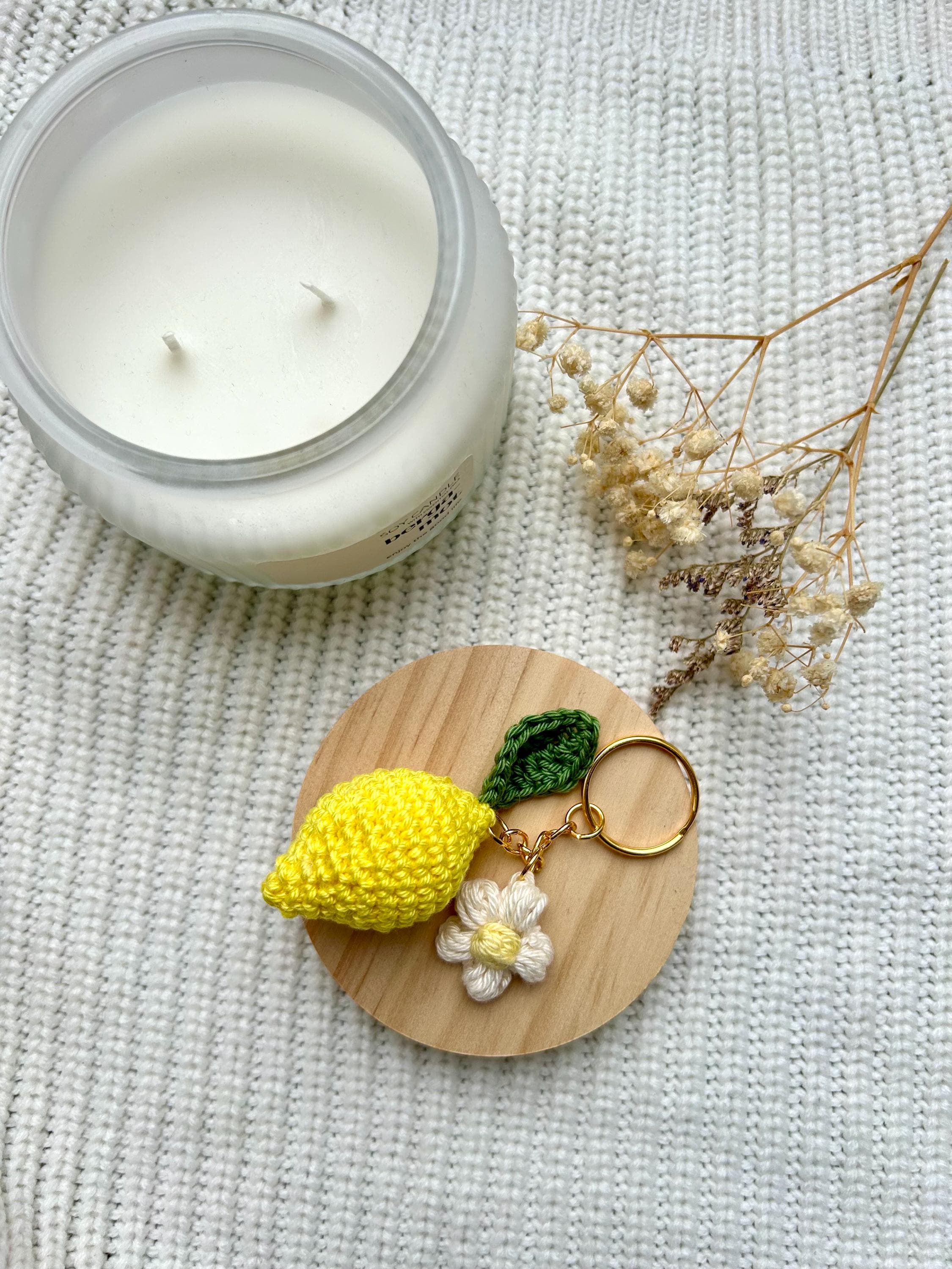 Crocheted Lemon With Flower Keychain or Bag Charm Amigurumi Gift