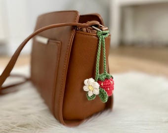 Crocheted strawberry with flower keychain or bag charm bookmark amigurumi gift