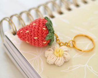 Crocheted strawberry with flower as a keychain or bag charm gift, amigurumi