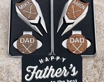 Fathers Day Personalized Golf Ball Marker Divot Tool Set – Engraved Wood and Alloy Golf Gift