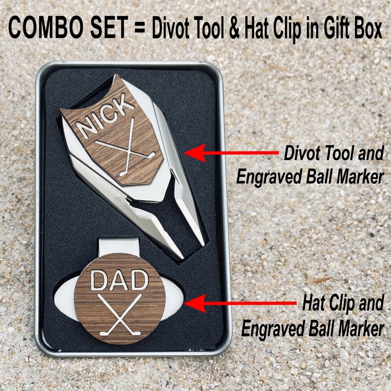 Custom Engraved Walnut Wood Golf Ball Marker and Divot Tool Set