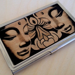 Engraved Buddha Maple Wood Gift – Necklace, Pill Box, Compact Mirror, Purse Hanger, Business Card Case or Magnifying Glass