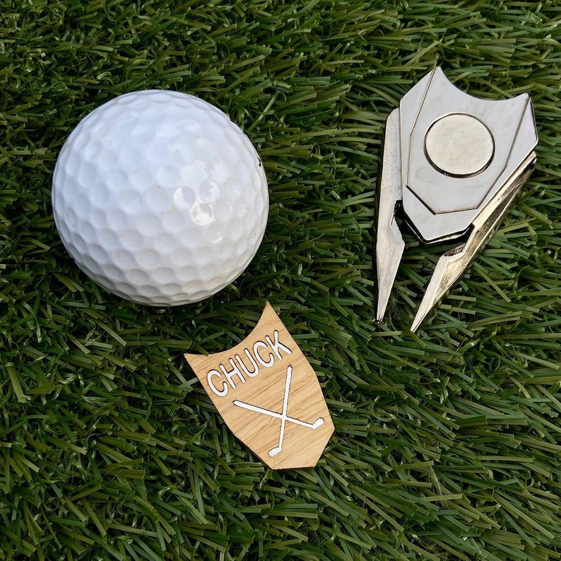 Engraved Oak Wood Golf Ball Marker and Divot Tool