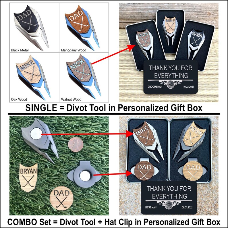 Regalo personalizado para padrinos de boda: marcador de pelota de golf grabado y herramienta para hacer hoyos. imagen 2