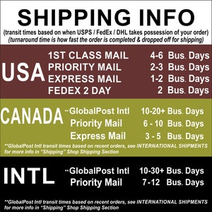 May include: Shipping information graphic with text detailing transit times for USPS, FedEx, and DHL. Includes delivery times for USA, Canada, and International shipping options. Text includes "1st Class Mail", "Priority Mail", and "Express Mail".